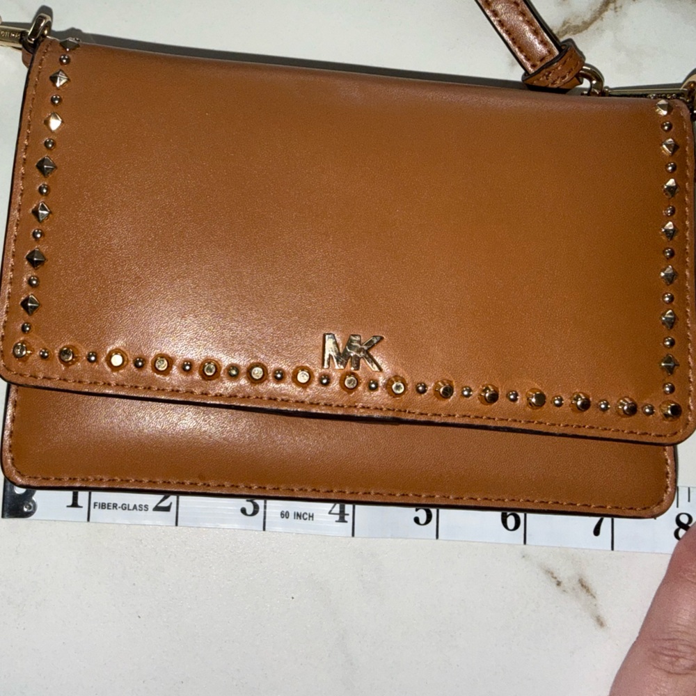 Michael Kors Tan Studded Wristlet Wallet Crossbody Strap Leather Organizer